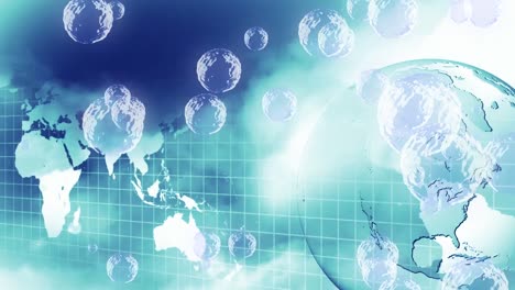 animation of bubbles over globe and world map on blue background