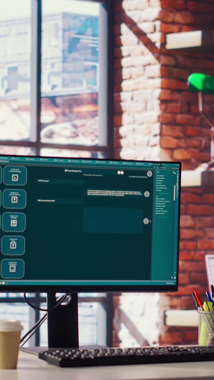 Vertical video PC in home office with AI LLM chatbot answering users, handheld camera shot