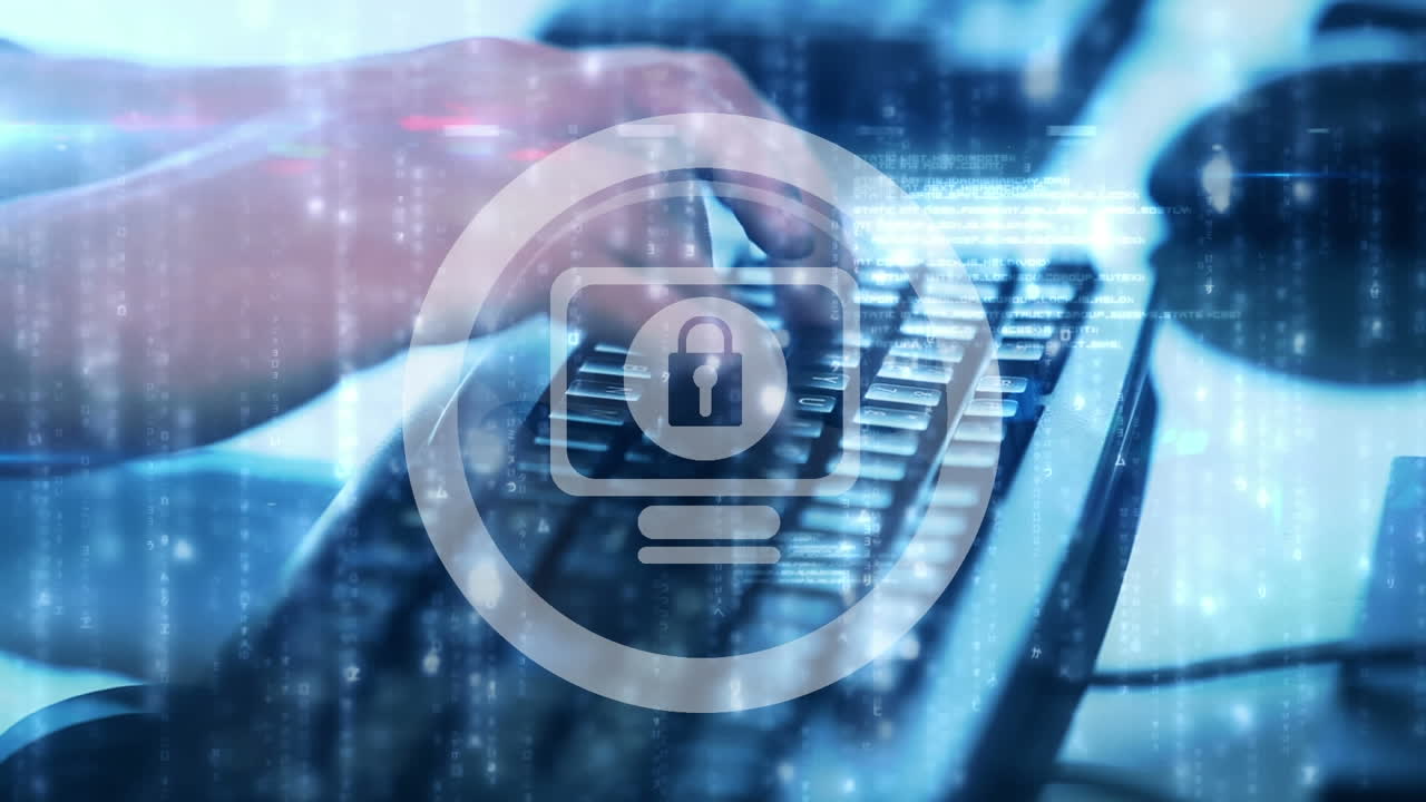 Security padlock icon and light trails falling against mid section of person using computer keyboard