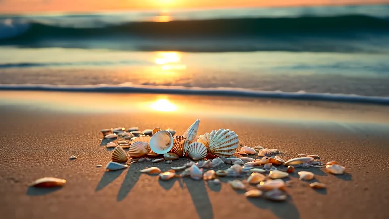 Low-angle shot of seashells on a sandy beach at sunset, capturing the serene beauty of nature