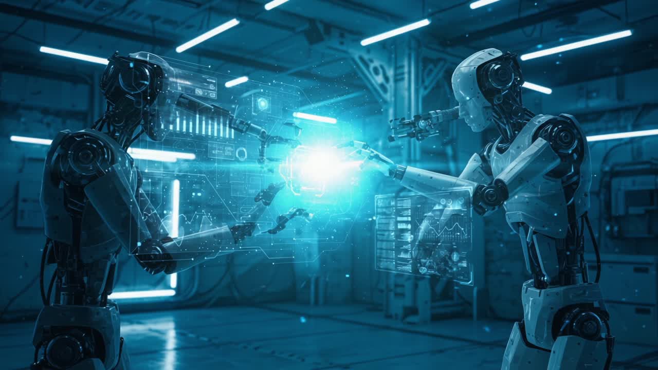 Two Advanced Robots Conduct a High-Tech Exchange of Data in a Futuristic Laboratory, Showcasing Cutting-Edge Technology and Ingenious Interactions