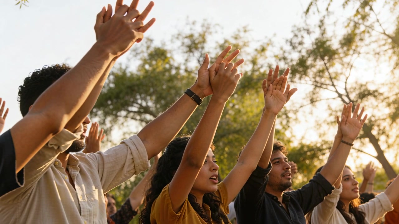 Raising front adults in casual wear lifting clasped hands in park, opening palms and clapping watch