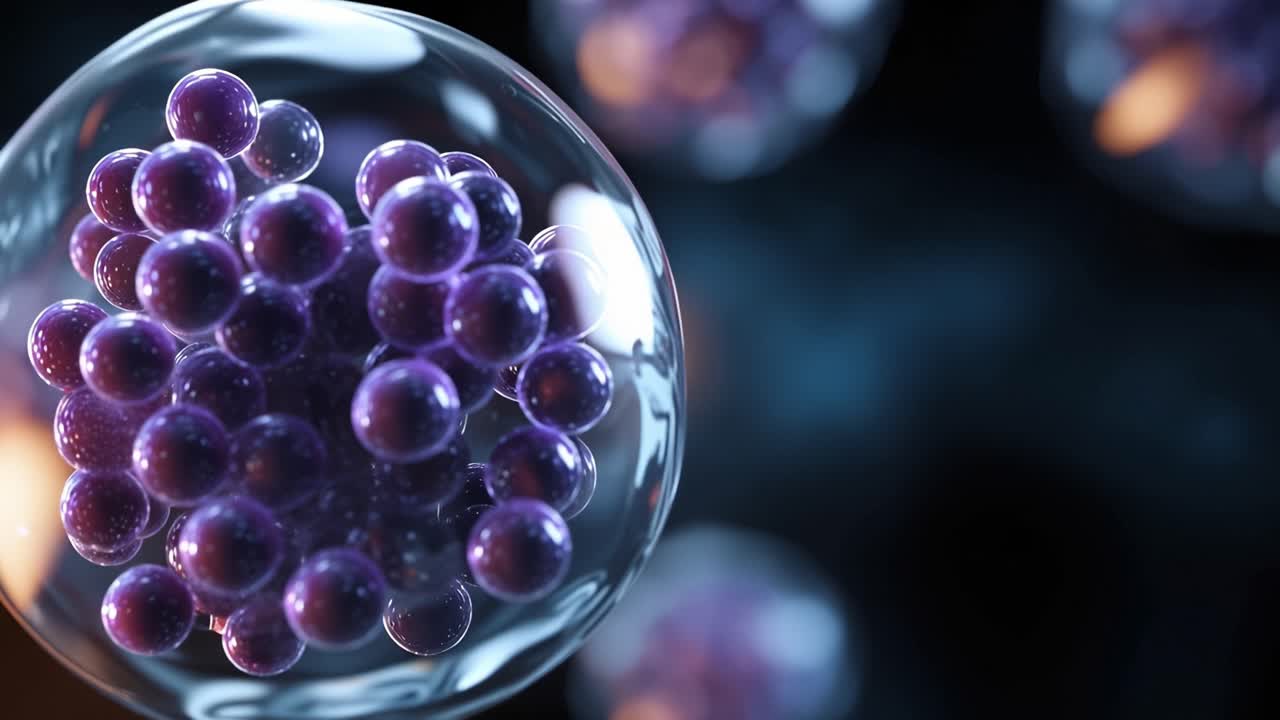 Visão Microscópica de Gotículas de Fluido Contendo Partículas Esféricas Mostrando Estruturas Intricadas e Dinâmicas em um Fundo Abstrato Escuro