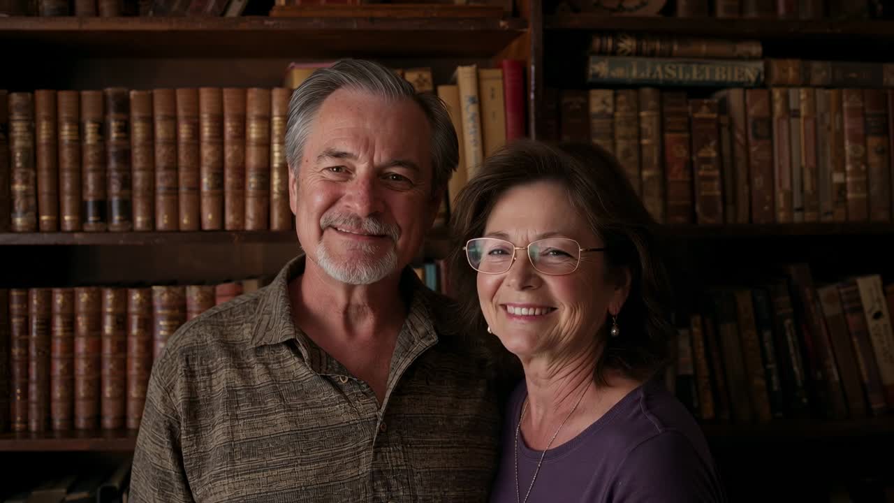 Smiling senior couple moving closer after glance in front of book shelves, man in patterned shirt