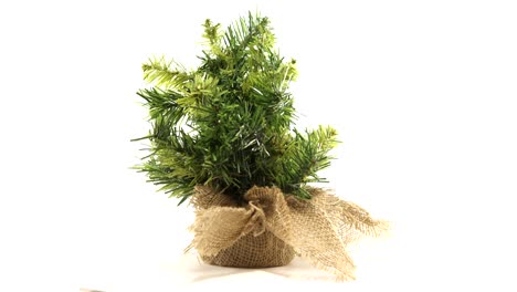 Faux plastic Christmas tree rotate on white background