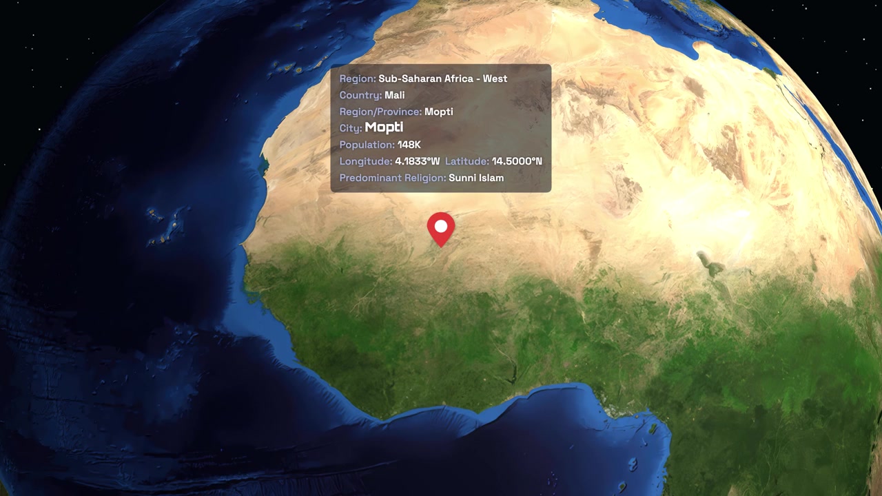 Digital globe rotates and zooms into Mopti, Mali, displaying regional data and location pin
