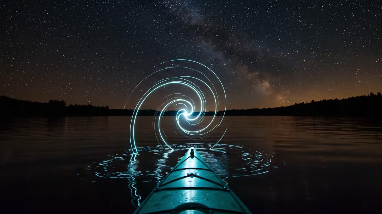 A Serene Journey Through a Starry Night Sky: Embracing the Cosmic Whirl of Light Reflections Over Still Waters in a Kayak Adventure