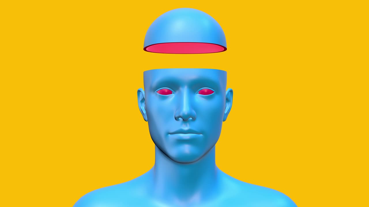 el cuerpo humano azul es un arte conceptual abstracto en color amarillo, un personaje 3d realista, un hombre o una mujer en un estilo de movimiento moderno creativo, un diseño psicodélico de colores mínimos, una animación de bucle de moda brillante.
