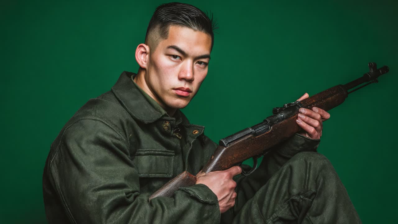 A Young Soldier in Uniform Poses Confidently with His Rifle Against a Green Backdrop, Capturing the Essence of Military Strength and Determination