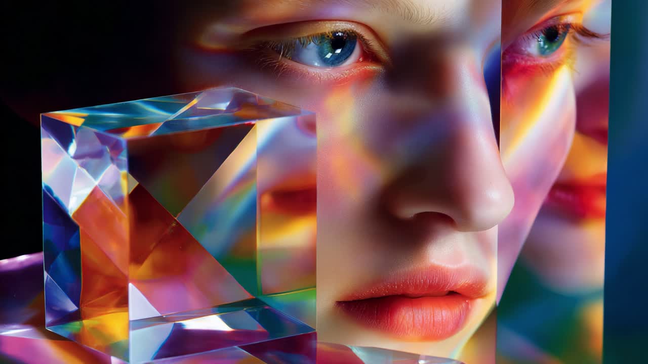 An Ethereal Portrait: A Close-Up of a Face Reflected in Multi-Colored Prisms, Showcasing a Blend of Light, Color, and Emotion with Intricate Visual Depth and Texture