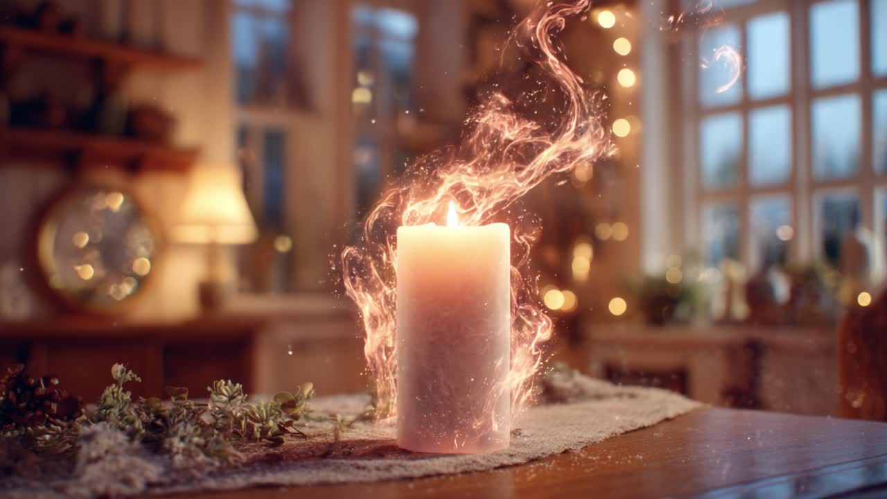 A Mystical Candle Surrounded by Sparkling Flames and Twinkling Lights, Creating a Warm and Enchanting Atmosphere in a Cozy Setting