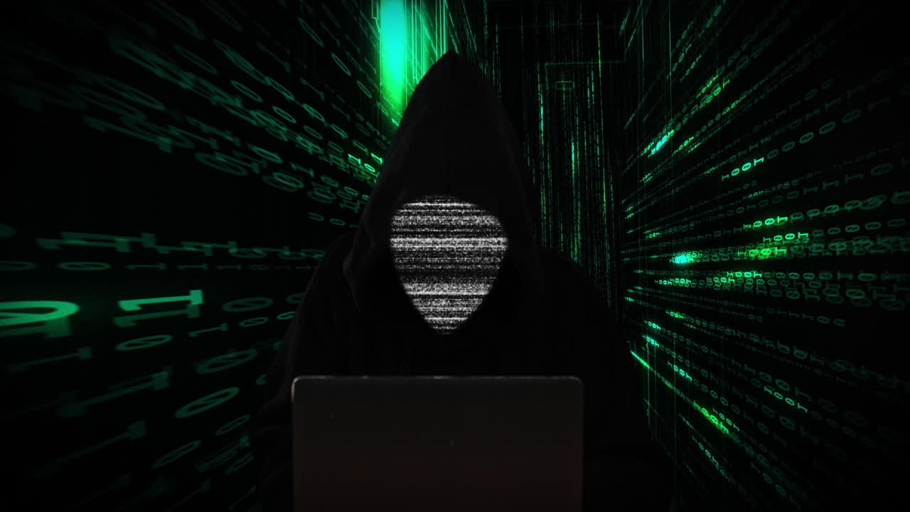 Hacker in digital binary code background