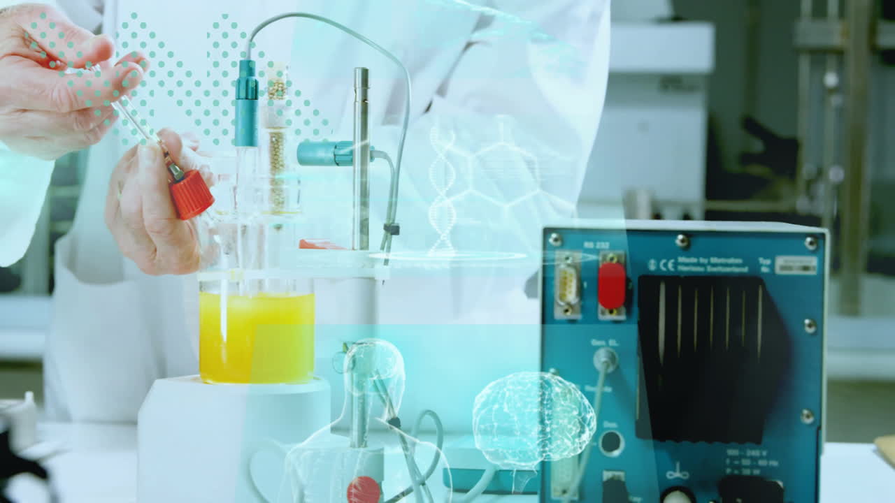 Conducting experiment, scientist using laboratory equipment with digital animation overlay