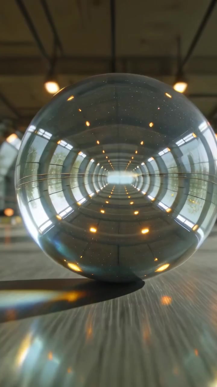 Video verticale: Strumento curvo che scorre spingendo una sfera di vetro su un tavolo a specchio in un corridoio, tunnel cangiante