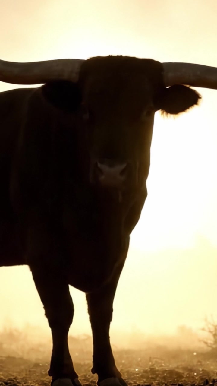 Maestosa silhouette di toro: un contrasto sorprendente contro un'alba dorata, che cattura la forza e la grazia delle grandi creature della natura