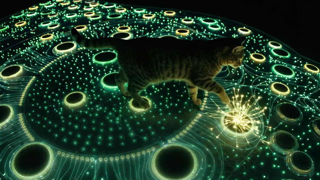 Curious Tabby Cat Walks on Futuristic Interactive Light Display