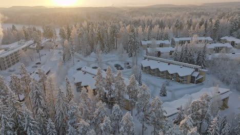 drone circling apartment buildings surrounded by frosty forest, winter sunrise