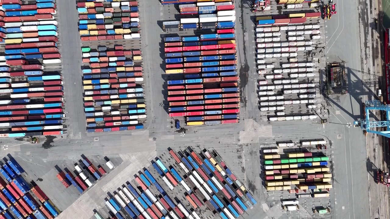 Overhead drone aerial view Colourful Shipping containers Liverpool port