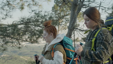 Side-View-Of-Two-Young-Female-Backpackers-Hiking-With-Trekking-Poles-In-The-Forest-On-A-Sunny-Day