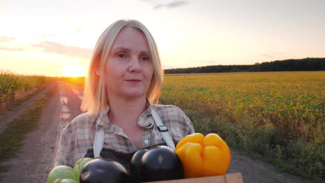 farmer carrying vegetables at sunset