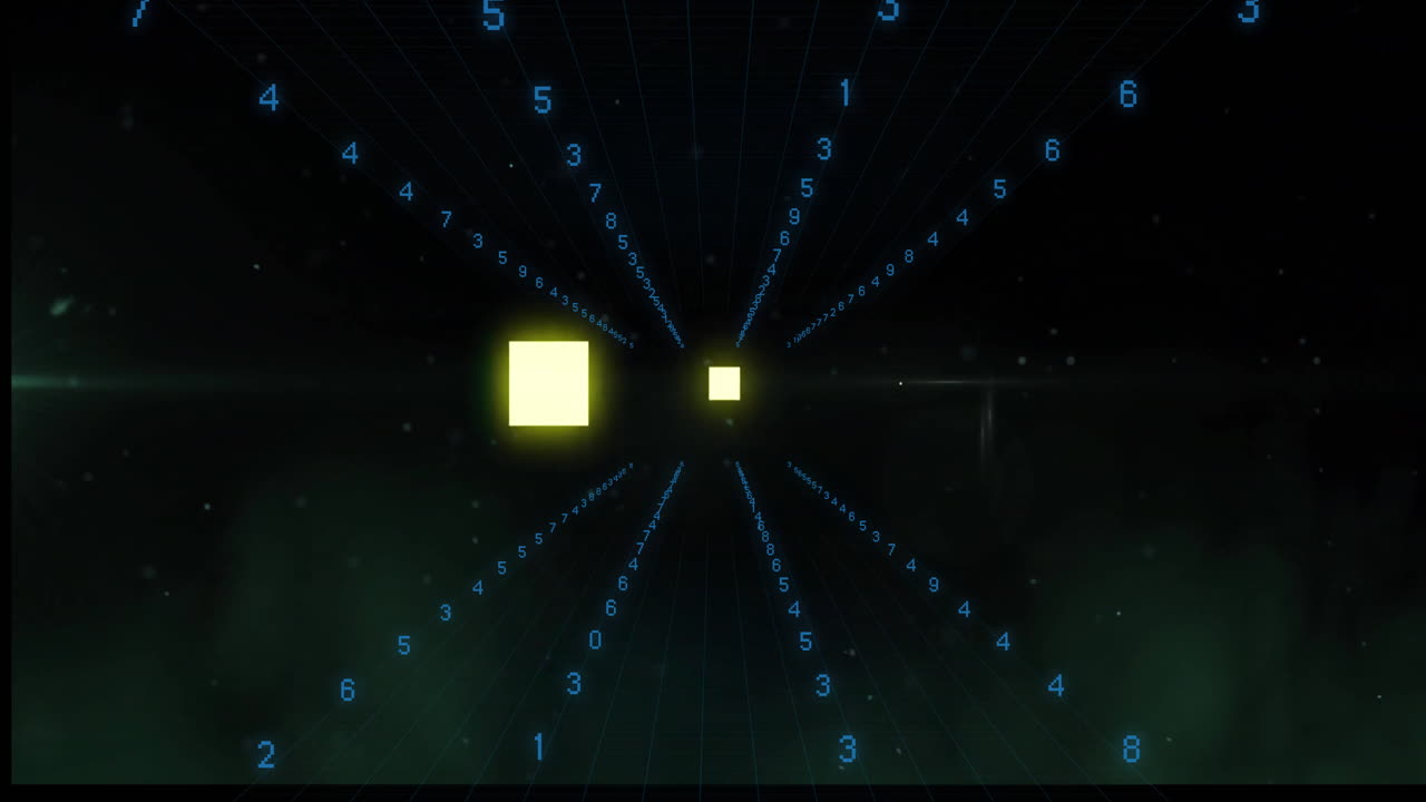 Animation of yellow squares and blue numbers creating digital tunnel in dark space