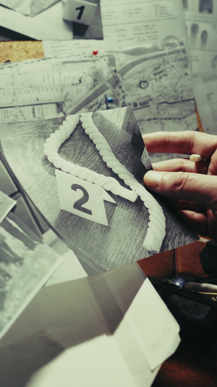Vertical cinematic scene of a person smoking while examining photographic evidence against a detective investigation board, evoking noir crime dramas, conspiracy theories, and obsessive case analysis.