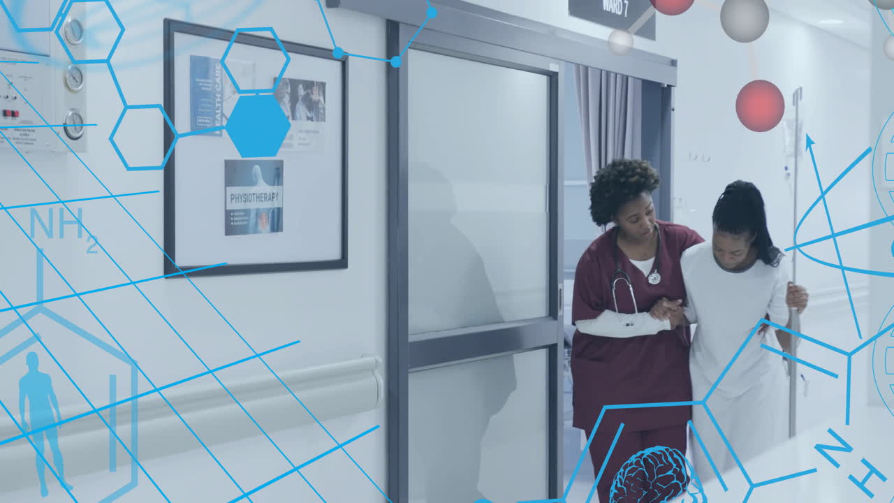 Animation of element structures and icons over african american female doctor supporting patient