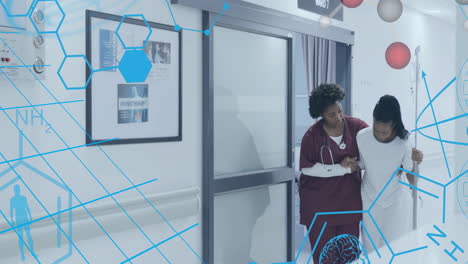 animation of element structures and icons over african american female doctor supporting patient