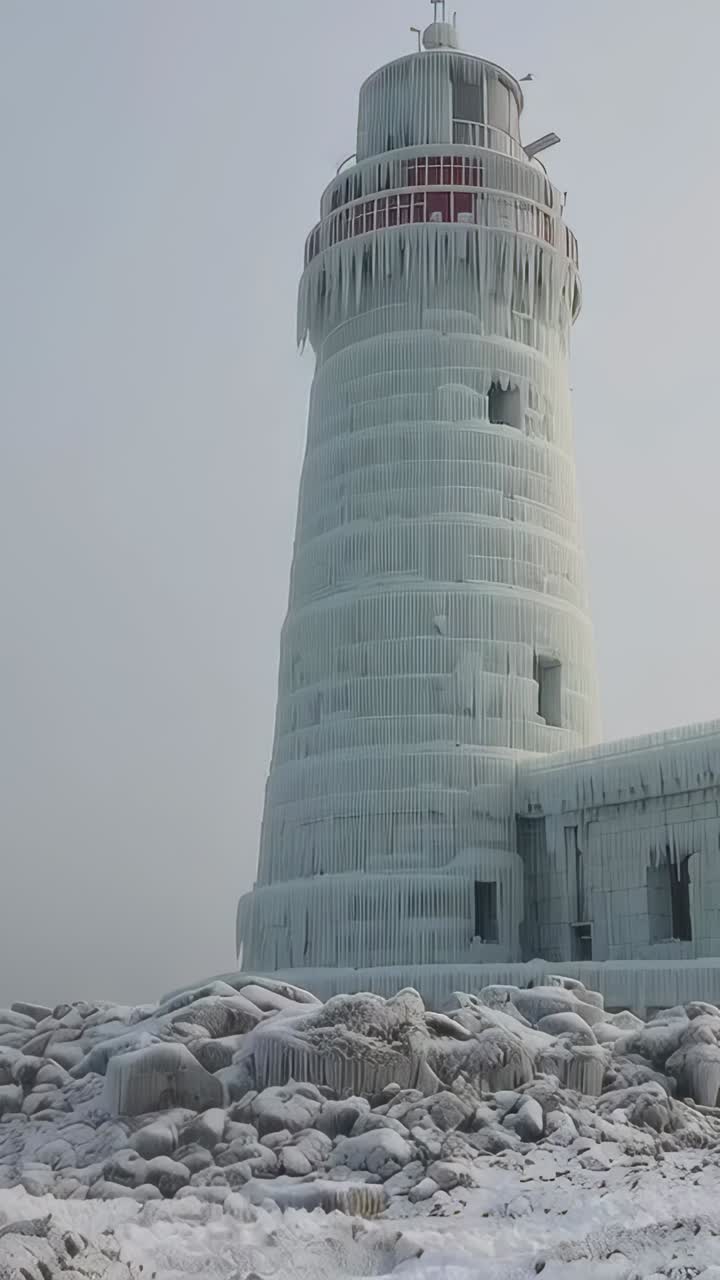 Video verticale: ripresa panoramica con una telecamera che rivela un alto faro in muratura su rocce costiere, mostrando ghiaccioli