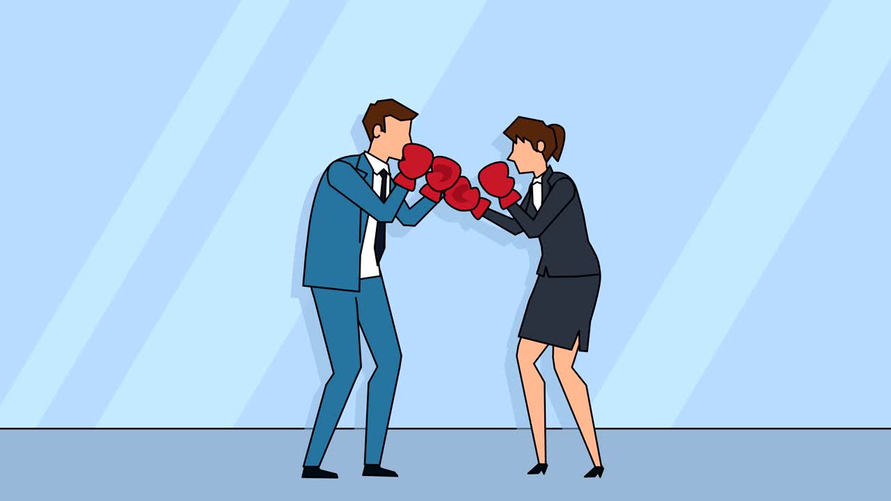 평평한 만화 사업가 캐릭터 권투 싸움 정쟁 경쟁 개념 애니메이션
