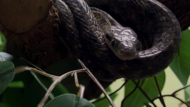 Close up a Gray Banded Cat-Eyed Snake on a tree branch, eyes staring at the camera, dark environment.