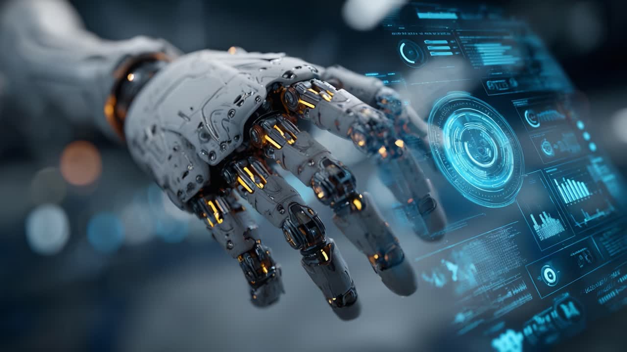 A Futuristic Robotic Hand Interacting with a Transparent Digital Interface Showcasing High-Tech Data Visualizations and Advanced Technology in a Sci-Fi Environment