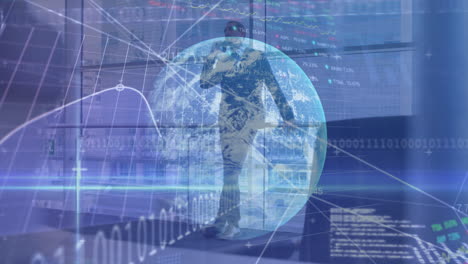 animación del procesamiento de datos financieros y el mundo sobre un empresario biracial que usa un teléfono inteligente