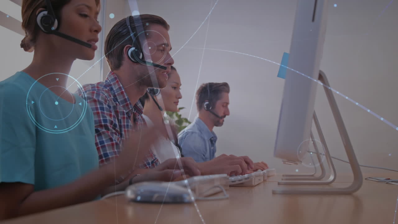 Animation of network of connections over business people wearing phone headsets