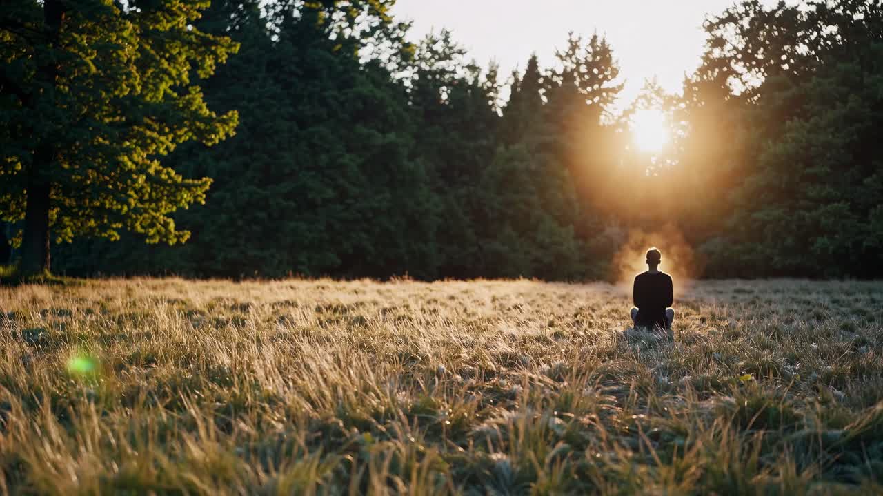 A serene video scene of a person meditating in a sunlit field, captured from a low angle