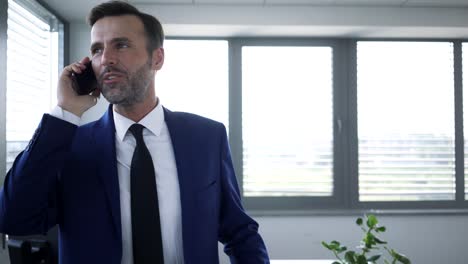 cheerful businessman talking over phone and walking around office