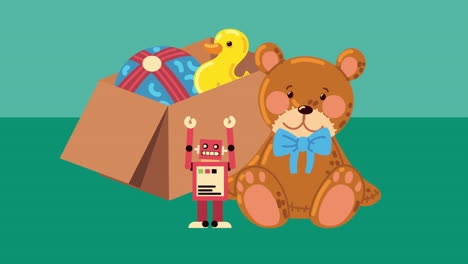 juguetes para niños en cajas animación de entretenimiento