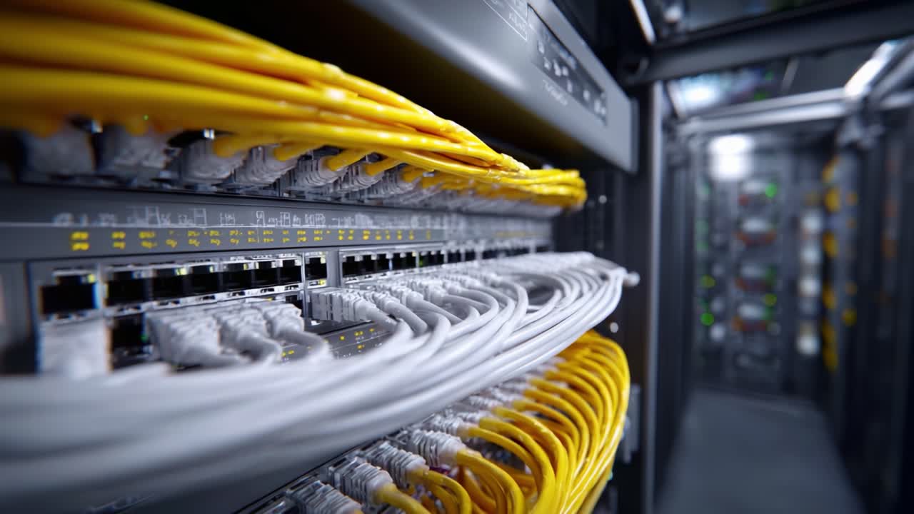 Close-Up View of Network Server Rack Featuring Organized Cables and Data Connections, Highlighting the Importance of Structured Networking Infrastructure