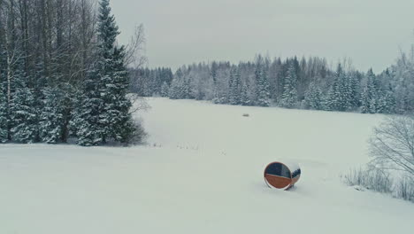 Dolly-backward-drone-shot-revealing-wooden-cabin-and-sauna-surrounded-by-trees-in-the-middle-of-nowhere-with-freshly-covered-snow