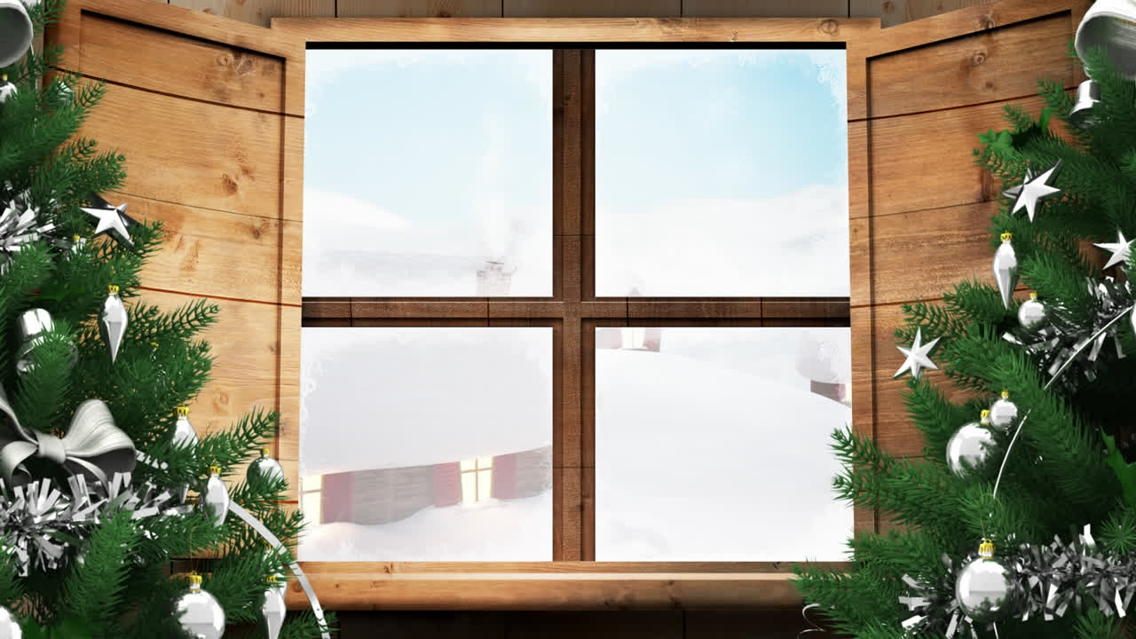 Animation af vinterlandskab med julepynt set gennem et vindue.
