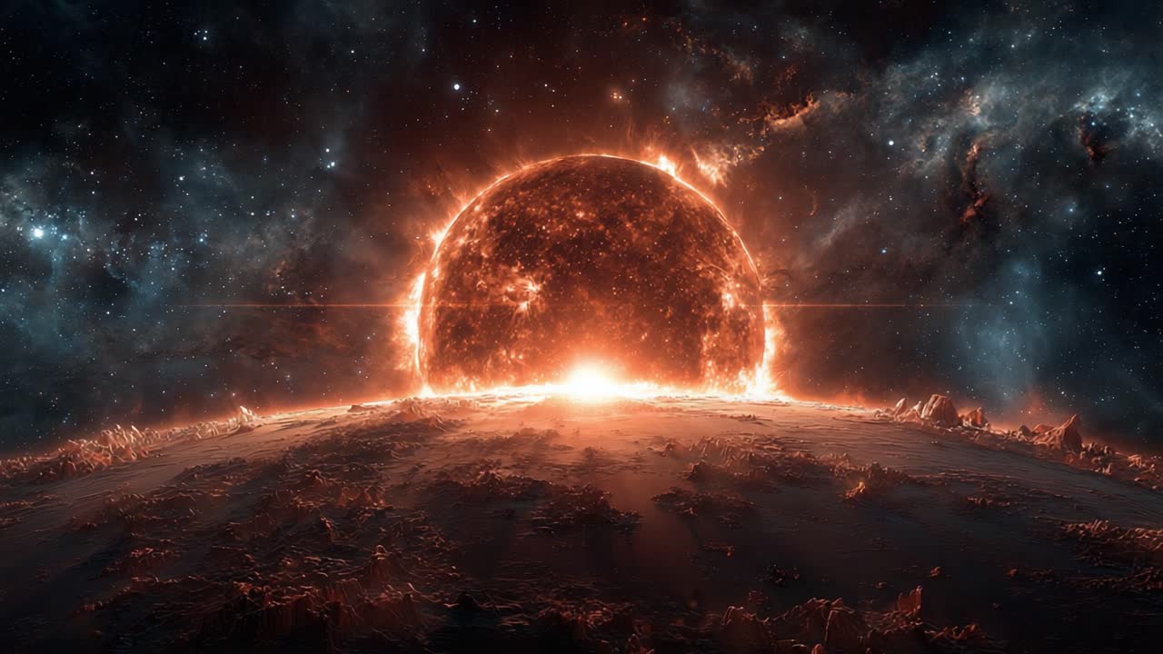 A Breathtaking Cosmic Scene Capturing the Fiery Sunset Over an Alien World, Illuminated by the Brilliant Radiance of a Distant Sun Amidst the Starry Expanse