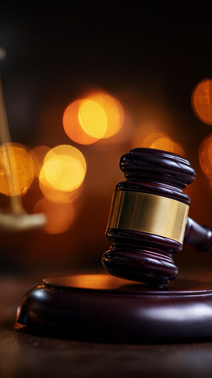 Elegante primo piano di un martelletto di legno su una base lucida, con luci bokeh calde sullo sfondo a simboleggiare la giustizia, la legge e l'autorità in un'aula di tribunale