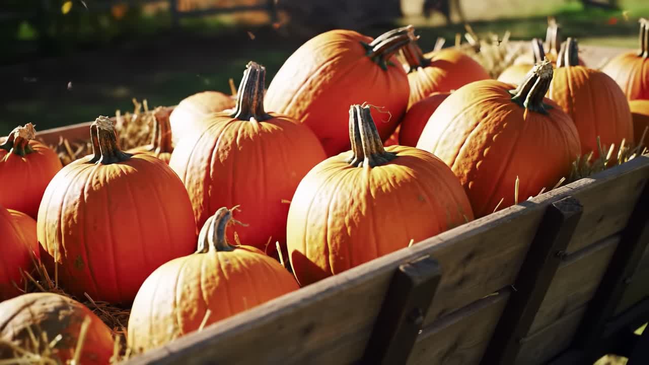 A Bountiful Harvest: Vibrant Orange Pumpkins Gathered in a Rustic Wooden Cart Surrounded by Hay, Showcasing Autumn's Abundance and Seasonal Charm