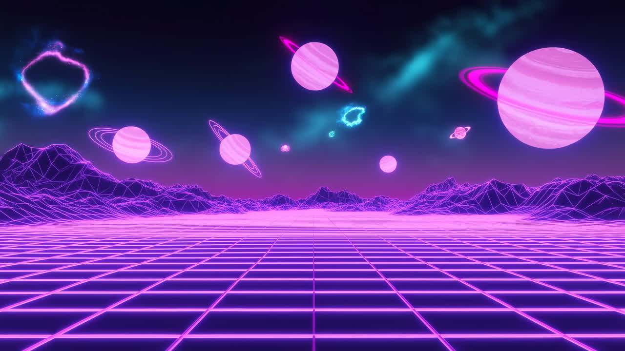 Vibrante spazio retro synthwave con griglia brillante e pianeti.