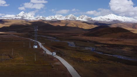 Campervan-drives-along-road-following-meandering-river-in-floodplains-of-Sichuan-Tagong-grassland