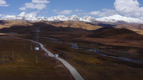 campervan drives along road following meandering river in floodplains of sichuan tagong grassland