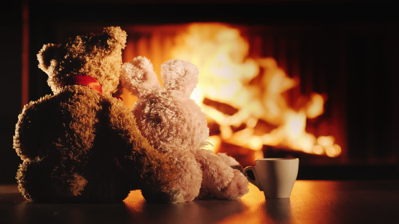 벽난로 옆에 있는 차 두 친구 곰과 토끼는 차 한 잔 옆에 있는 벽난로를 바라보고 있습니다