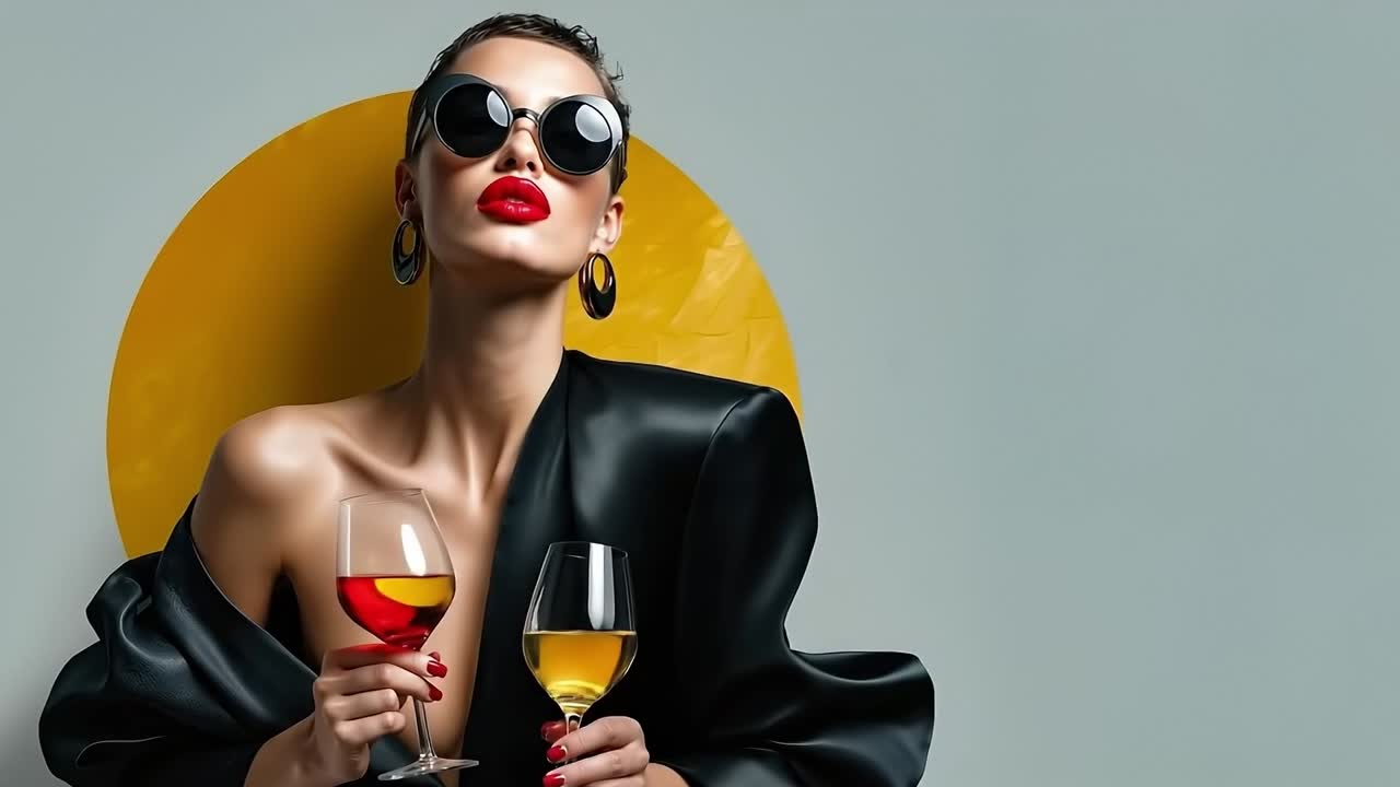 una mujer con un vestido negro sosteniendo un vaso de vino