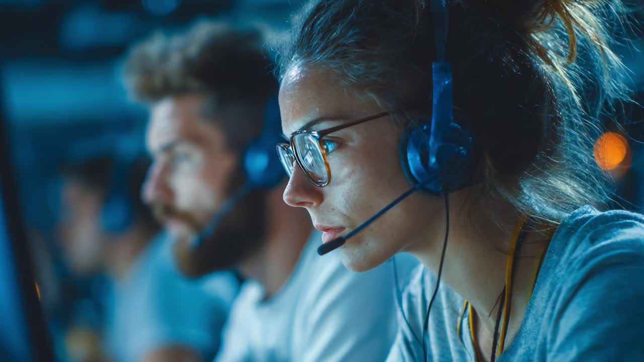 Focused Gamers Engaged in Competitive Play: An Intense Team Environment with Headsets and Concentration Captured in Dynamic Gaming Scene