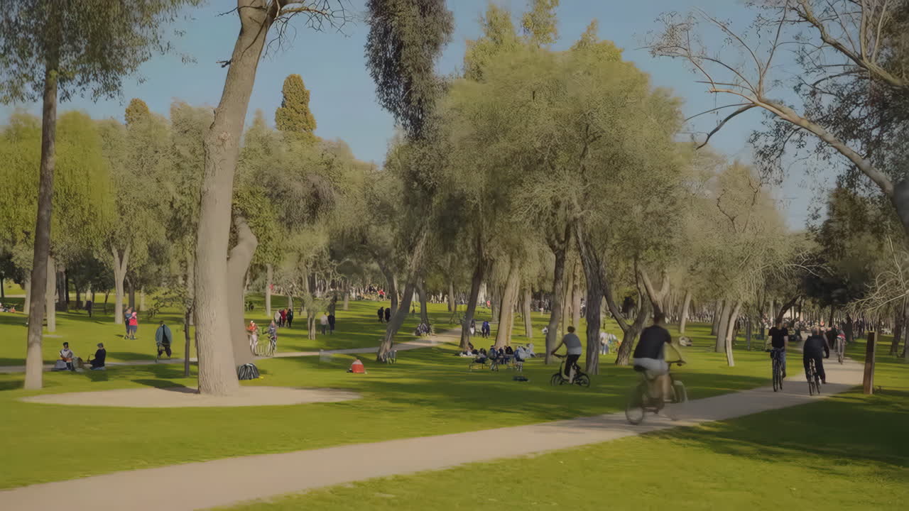 People cycling and relaxing in a sunny park